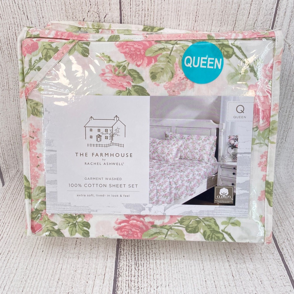 The Farmhouse Rachel Ashwell Sheet Set Queen Pink Floral Rose 100% Cotton 4pc